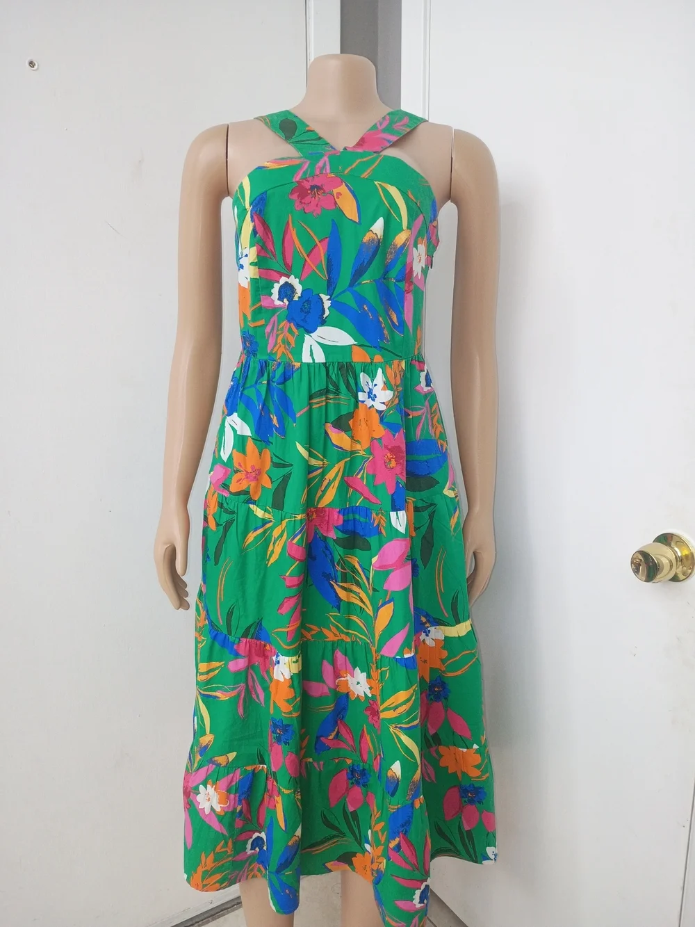 J. Crew Green Floral Halter Midi Dress with Pink, Blue & Orange Accents